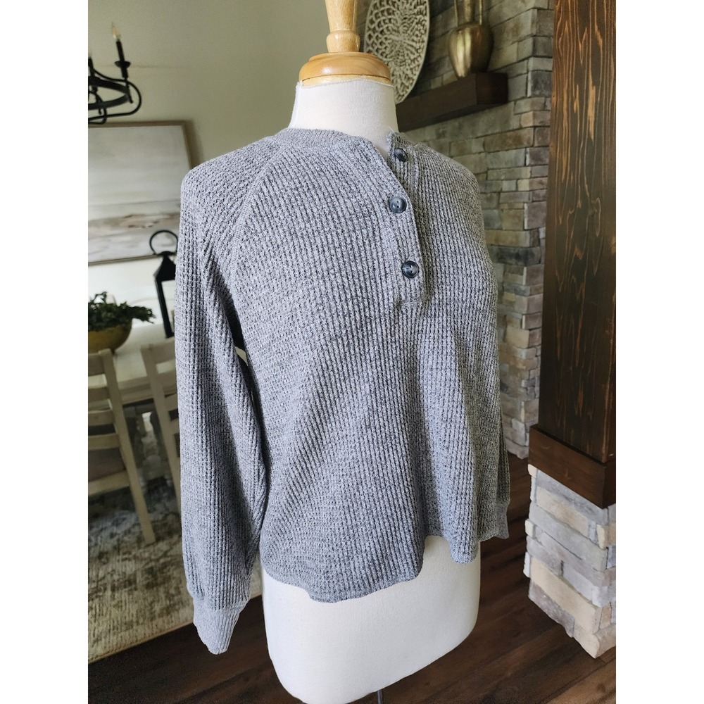 Old Navy Womens Gray Plush Tee Waffle Knit Henley Long Sleeve Top Small